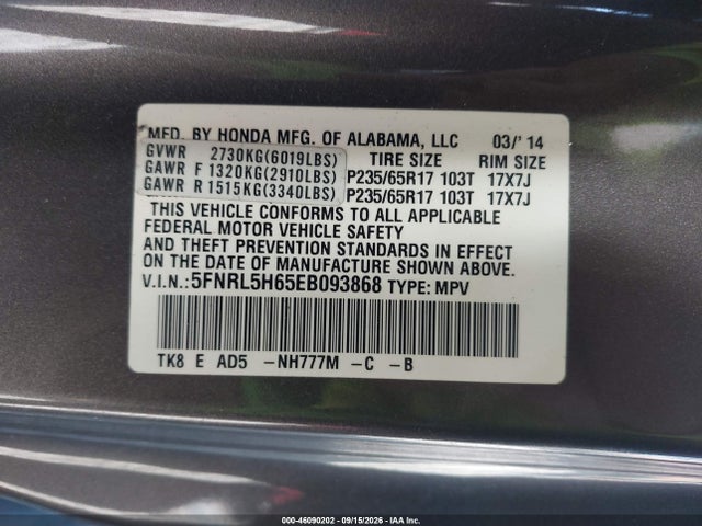 Aukcja sprzedaży 2014 Honda Odyssey Ex-l, vin: 5FNRL5H65EB093868, numer aukcji: 46090202