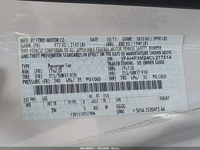 2012 Ford Focus Sel მანქანა იყიდება აუქციონზე, vin: 1FAHP3M24CL277514, აუქციონის ნომერი: 46090211