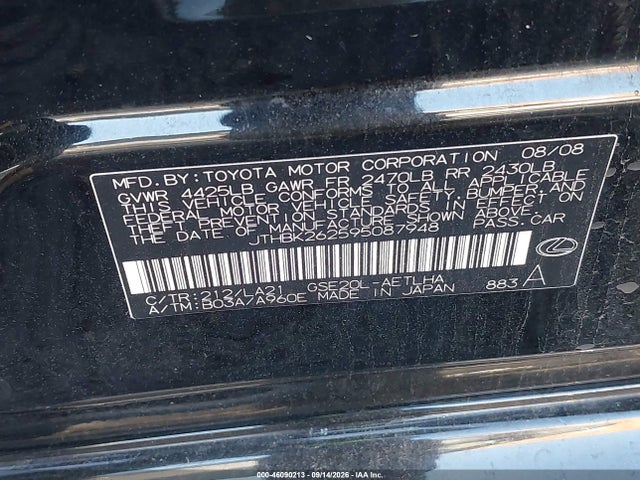 Продаж на аукціоні авто 2009 Lexus Is 250, vin: JTHBK262595087948, номер лоту: 46090213