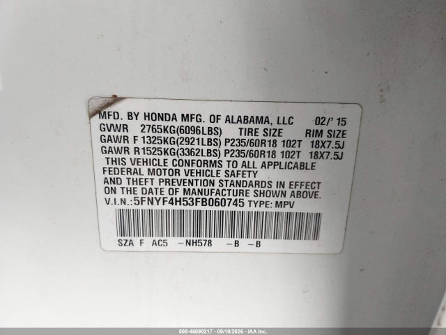 Aukcja sprzedaży 2015 Honda Pilot Ex-l, vin: 5FNYF4H53FB060745, numer aukcji: 46090217