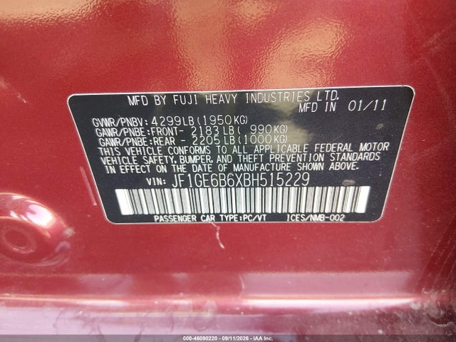 2011 Subaru Impreza 2.5i Premium მანქანა იყიდება აუქციონზე, vin: JF1GE6B6XBH515229, აუქციონის ნომერი: 46090220