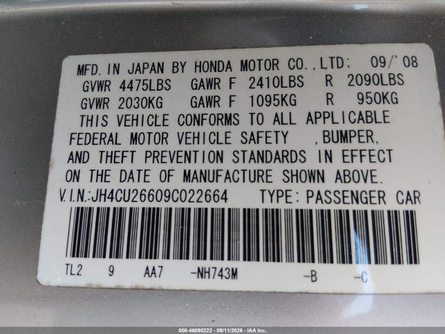 Aukcja sprzedaży 2009 Acura Tsx, vin: JH4CU26609C022664, numer aukcji: 46090222