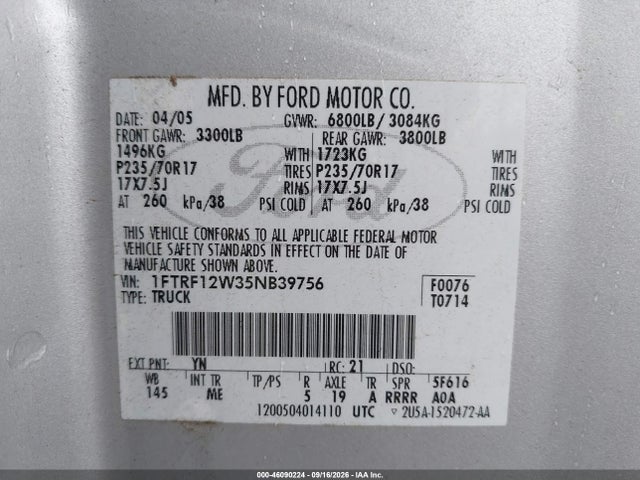 Продаж на аукціоні авто 2005 Ford F-150 Stx/xl/xlt, vin: 1FTRF12W35NB39756, номер лоту: 46090224