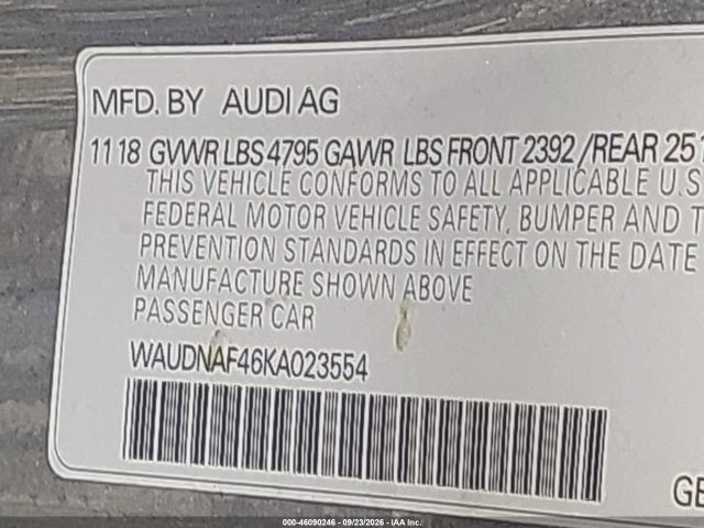 2019 Audi A4 45 Premium მანქანა იყიდება აუქციონზე, vin: WAUDNAF46KA023554, აუქციონის ნომერი: 46090246