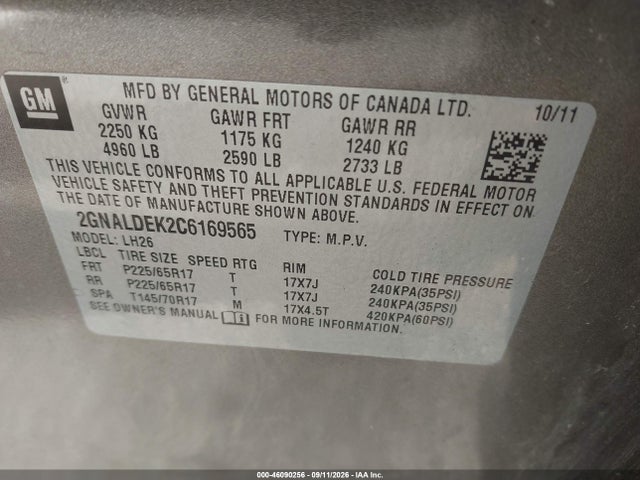 Auction sale of the 2012 Chevrolet Equinox 1lt, vin: 2GNALDEK2C6169565, lot number: 46090256