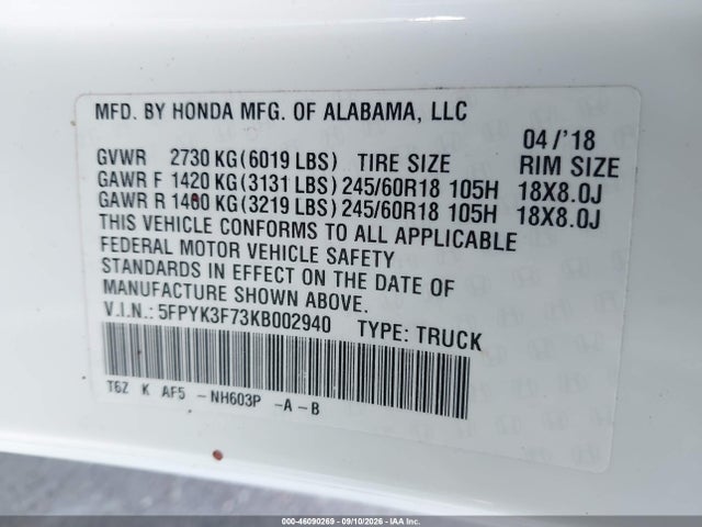 Honda Ridgeline Rtl-e 2019 5FPYK3F73KB002940 Image 9