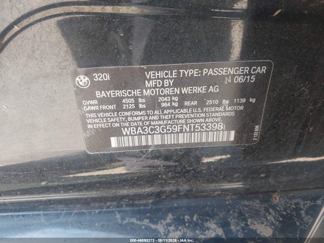 Aukcja sprzedaży 2015 Bmw 320i Xdrive, vin: WBA3C3G59FNT53398, numer aukcji: 46090273