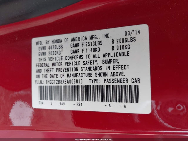 Продажа на аукционе авто 2014 Honda Accord Ex-l V-6, vin: 1HGCT2B8XEA005910, номер лота: 46090290