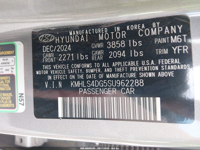 2025 Hyundai Elantra Sel Convenience მანქანა იყიდება აუქციონზე, vin: KMHLS4DG5SU962288, აუქციონის ნომერი: 46090304