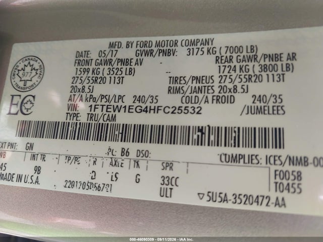 46090309 :رقم المزاد ، 1FTEW1EG4HFC25532 vin ، 2017 Ford F-150 Platinum مزاد بيع