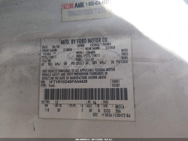 46090312 :رقم المزاد ، 1FTYR10D49PA04428 vin ، 2009 Ford Ranger Sport/xl/xlt مزاد بيع