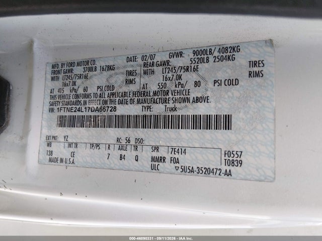 2007 Ford E-250 Commercial/recreational მანქანა იყიდება აუქციონზე, vin: 1FTNE24L17DA66728, აუქციონის ნომერი: 46090331