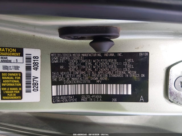 46090340 :رقم المزاد ، 5TDZK23C99S239706 vin ، 2009 Toyota Sienna Ce مزاد بيع