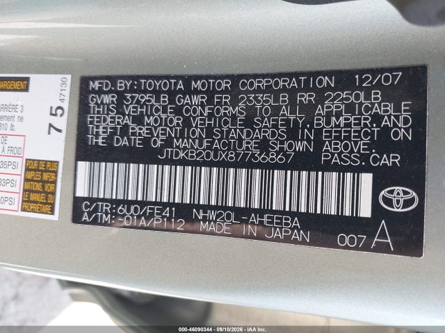 Продаж на аукціоні авто 2008 Toyota Prius, vin: JTDKB20UX87736867, номер лоту: 46090344