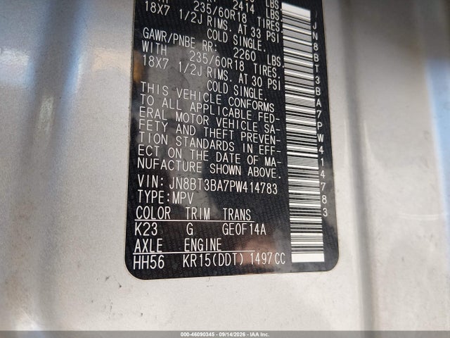 46090345 :رقم المزاد ، JN8BT3BA7PW414783 vin ، 2023 Nissan Rogue Sv Fwd مزاد بيع