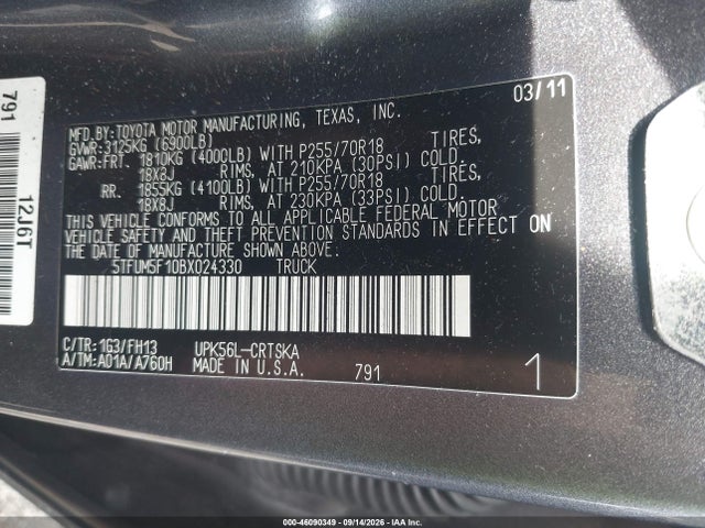 2011 Toyota Tundra Grade 4.6l V8 მანქანა იყიდება აუქციონზე, vin: 5TFUM5F10BX024330, აუქციონის ნომერი: 46090349