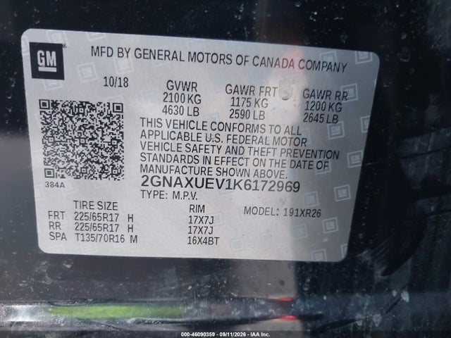 Aukcja sprzedaży 2019 Chevrolet Equinox Lt, vin: 2GNAXUEV1K6172969, numer aukcji: 46090359