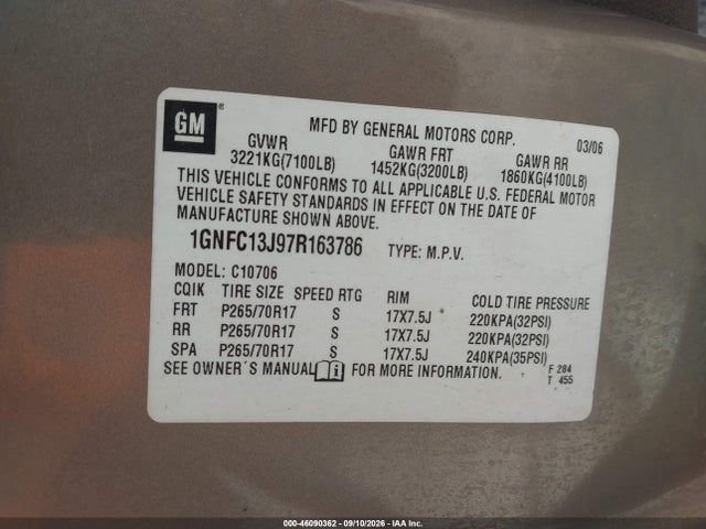Aukcja sprzedaży 2007 Chevrolet Tahoe Lt, vin: 1GNFC13J97R163786, numer aukcji: 46090362