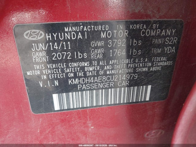 2012 Hyundai Elantra Limited (ulsan Plant) მანქანა იყიდება აუქციონზე, vin: KMHDH4AE8CU214979, აუქციონის ნომერი: 46090367