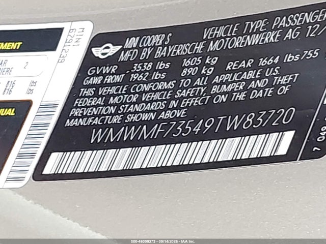Продаж на аукціоні авто 2009 Mini Cooper S, vin: WMWMF73549TW83720, номер лоту: 46090373
