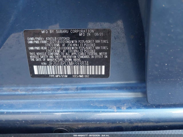 46090377 :رقم المزاد ، JF2GTAPC0MH393874 vin ، 2021 Subaru Crosstrek Premium مزاد بيع