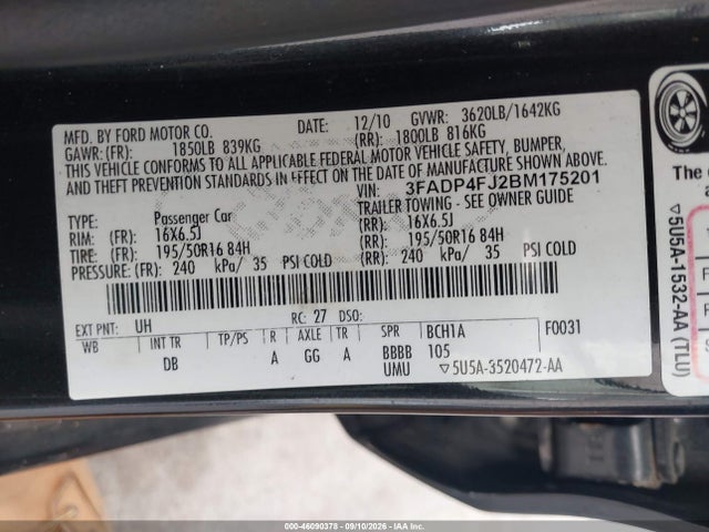 Aukcja sprzedaży 2011 Ford Fiesta Ses, vin: 3FADP4FJ2BM175201, numer aukcji: 46090378