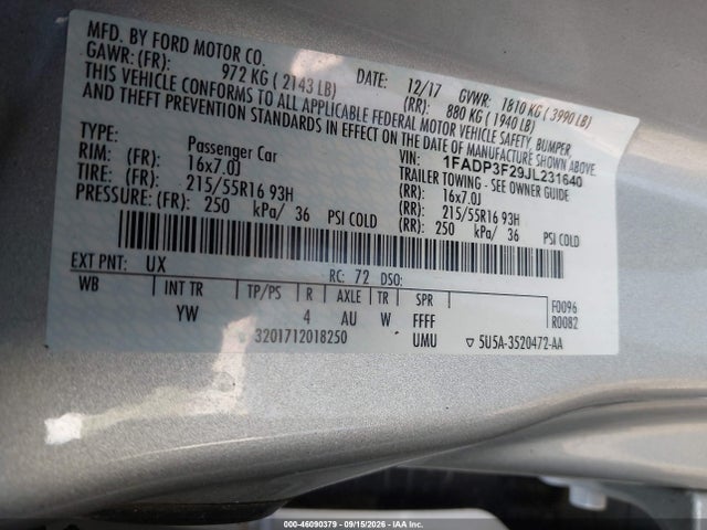 46090379 :رقم المزاد ، 1FADP3F29JL231640 vin ، 2018 Ford Focus Se مزاد بيع