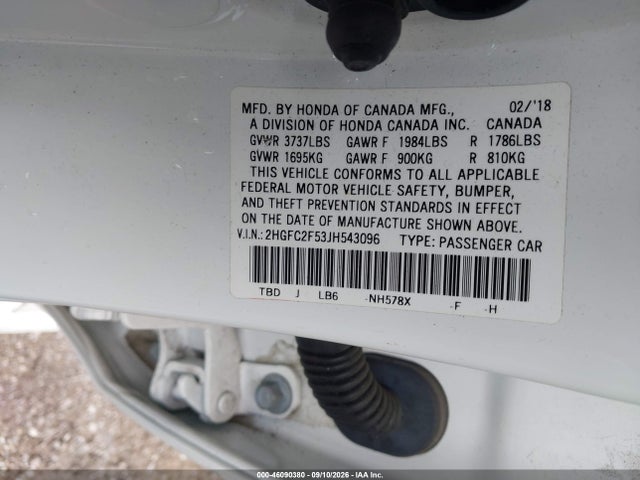 2018 Honda Civic Lx მანქანა იყიდება აუქციონზე, vin: 2HGFC2F53JH543096, აუქციონის ნომერი: 46090380