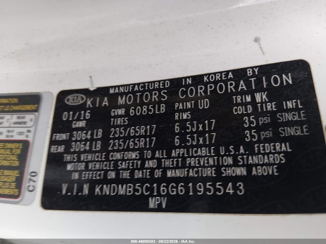 Aukcja sprzedaży 2016 Kia Sedona Lx, vin: KNDMB5C16G6195543, numer aukcji: 46090382