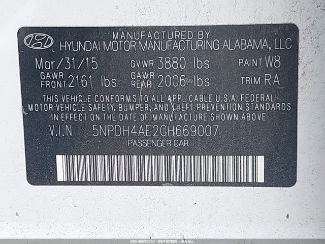 2016 Hyundai Elantra Limited მანქანა იყიდება აუქციონზე, vin: 5NPDH4AE2GH669007, აუქციონის ნომერი: 46090387