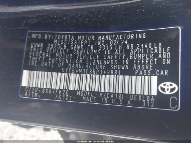 Aukcja sprzedaży 2024 Toyota Corolla Le, vin: 5YFB4MDE8RP142884, numer aukcji: 46090394