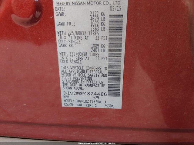Продаж на аукціоні авто 2015 Nissan Rogue Sl, vin: 5N1AT2MV8FC874466, номер лоту: 46090400