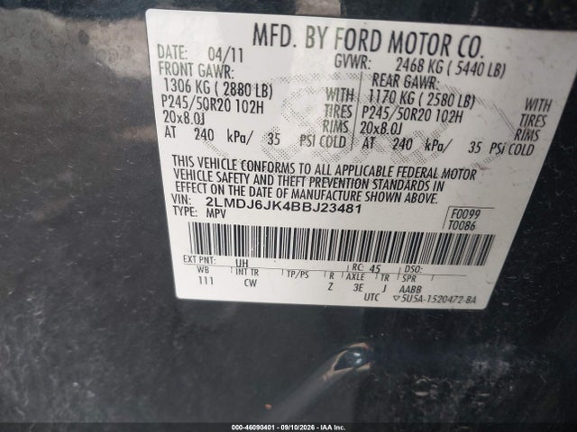 Продаж на аукціоні авто 2011 Lincoln Mkx, vin: 2LMDJ6JK4BBJ23481, номер лоту: 46090401