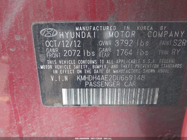 2013 Hyundai Elantra Limited მანქანა იყიდება აუქციონზე, vin: KMHDH4AE2DU669148, აუქციონის ნომერი: 46090406