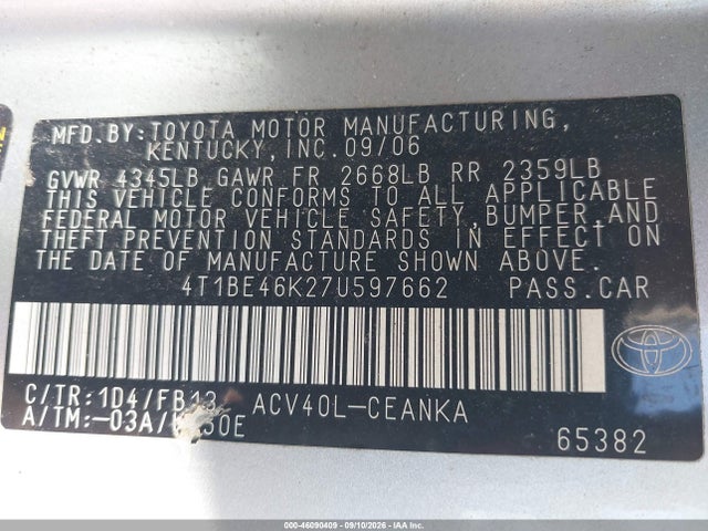 46090409 :رقم المزاد ، 4T1BE46K27U597662 vin ، 2007 Toyota Camry Le مزاد بيع