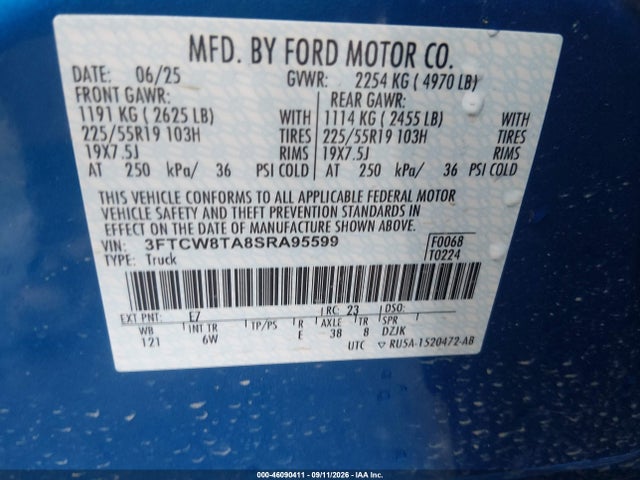 2025 Ford Maverick Lobo Standard მანქანა იყიდება აუქციონზე, vin: 3FTCW8TA8SRA95599, აუქციონის ნომერი: 46090411