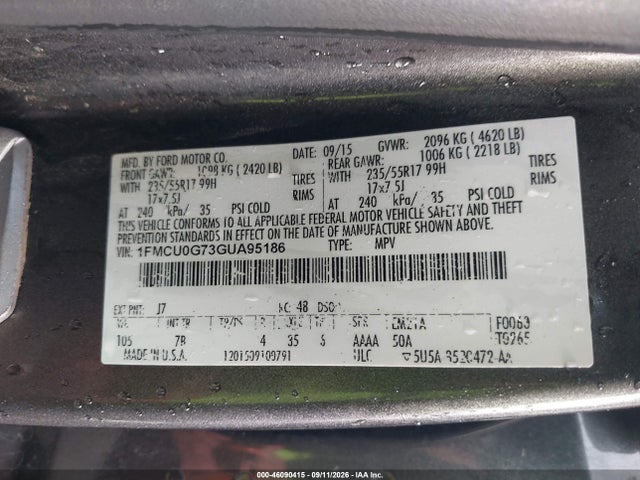 46090415 :رقم المزاد ، 1FMCU0G73GUA95186 vin ، 2016 Ford Escape Se مزاد بيع