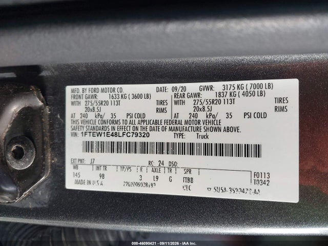 Продажа на аукционе авто 2020 Ford F-150 Platinum, vin: 1FTEW1E48LFC79320, номер лота: 46090421