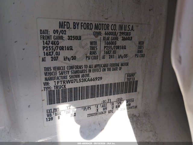2003 Ford F-150 Lariat/xlt მანქანა იყიდება აუქციონზე, vin: 1FTRW07L53KA66929, აუქციონის ნომერი: 46090429