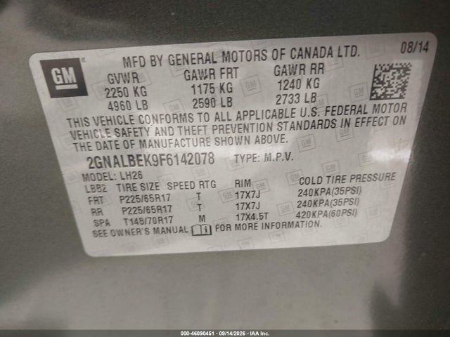 46090451 :رقم المزاد ، 2GNALBEK9F6142078 vin ، 2015 Chevrolet Equinox 1lt مزاد بيع