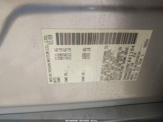 46090460 :رقم المزاد ، 1N4AA51E99C841194 vin ، 2009 Nissan Maxima 3.5 S مزاد بيع