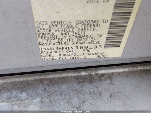 2014 Nissan Altima 2.5 S მანქანა იყიდება აუქციონზე, vin: 1N4AL3AP4EN369193, აუქციონის ნომერი: 46090466