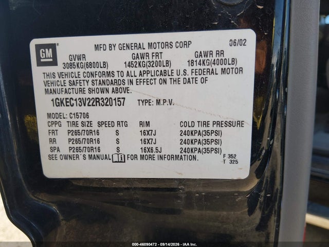 2002 Gmc Yukon Sle მანქანა იყიდება აუქციონზე, vin: 1GKEC13V22R320157, აუქციონის ნომერი: 46090472