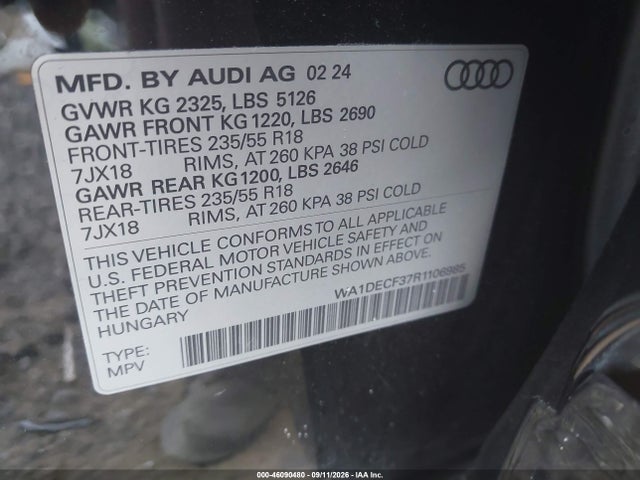 2024 Audi Q3 Premium 45 Tfsi S Line Quattro Tiptronic მანქანა იყიდება აუქციონზე, vin: WA1DECF37R1106985, აუქციონის ნომერი: 46090480