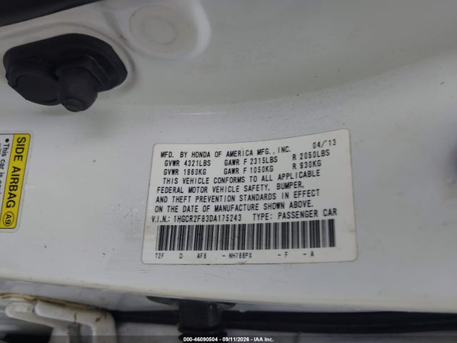 46090504 :رقم المزاد ، 1HGCR2F83DA175243 vin ، 2013 Honda Accord Ex-l مزاد بيع