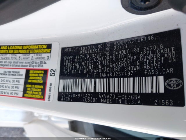 Продаж на аукціоні авто 2024 Toyota Camry Xle, vin: 4T1F11AK4RU257497, номер лоту: 46090513