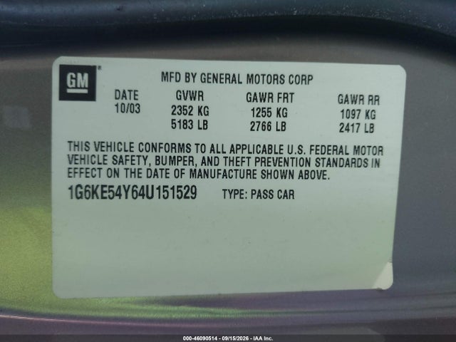 46090514 :رقم المزاد ، 1G6KE54Y64U151529 vin ، 2004 Cadillac Deville Dhs مزاد بيع