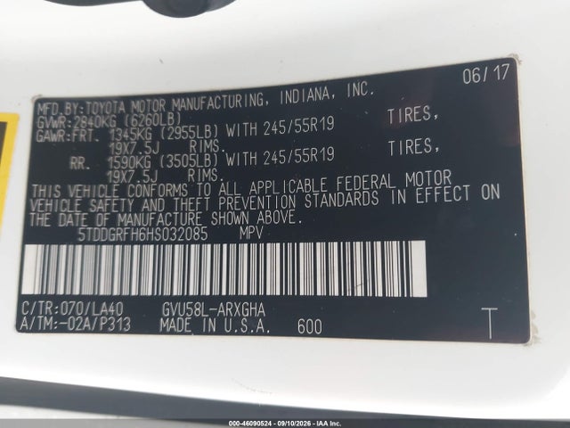 Aukcja sprzedaży 2017 Toyota Highlander Hybrid Limited, vin: 5TDDGRFH6HS032085, numer aukcji: 46090524