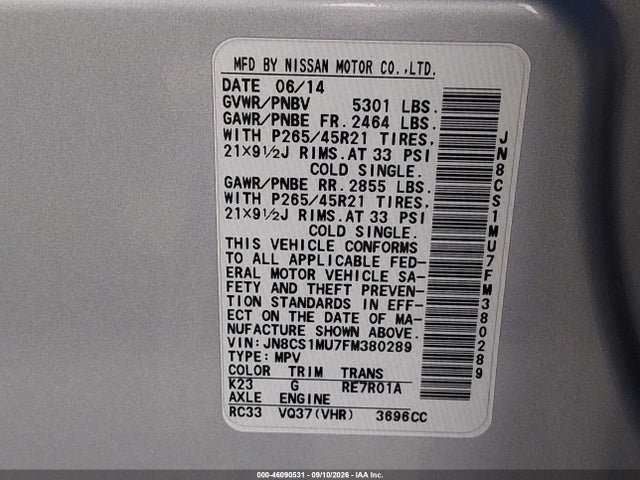 Auction sale of the 2015 Infiniti Qx70, vin: JN8CS1MU7FM380289, lot number: 46090531