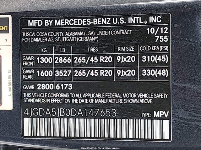 46090538 :رقم المزاد ، 4JGDA5JB0DA147653 vin ، 2013 Mercedes-benz Ml 350 مزاد بيع